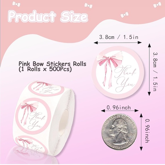 500 Pcs Pink Bow Thank You Stickers Coquette Bowknot Adhesive Label Roll NwT - Picture 2 of 3